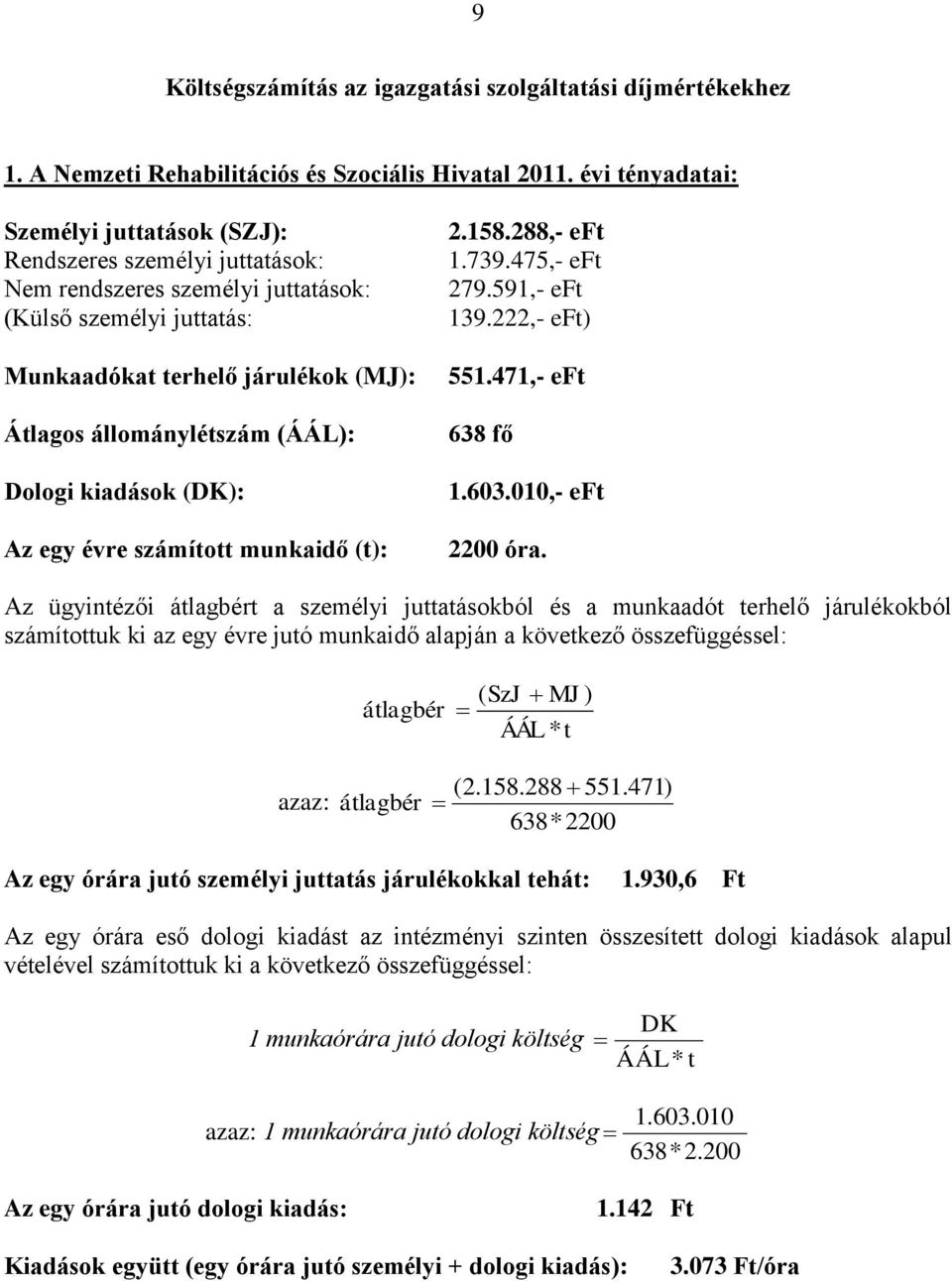 (ÁÁL): Dologi kiadások (DK): Az egy évre számított munkaidő (t): 2.158.288,- eft 1.739.475,- eft 279.591,- eft 139.222,- eft) 551.471,- eft 638 fő 1.603.010,- eft 2200 óra.