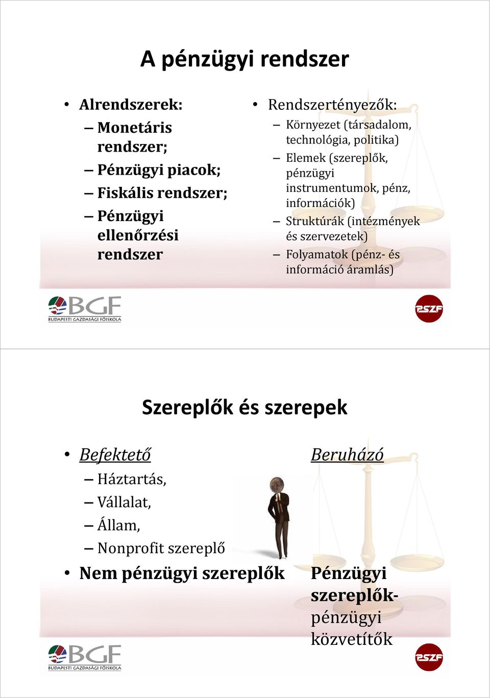 pénz, információk) Struktúrák (intézmények és szervezetek) Folyamatok (pénz-és információ áramlás) Befektető