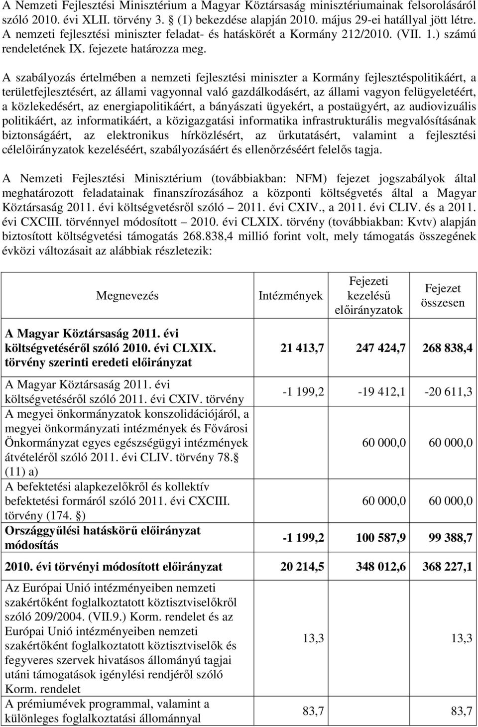 A szabályozás értelmében a nemzeti fejlesztési miniszter a Kormány fejlesztéspolitikáért, a területfejlesztésért, az állami vagyonnal való gazdálkodásért, az állami vagyon felügyeletéért, a