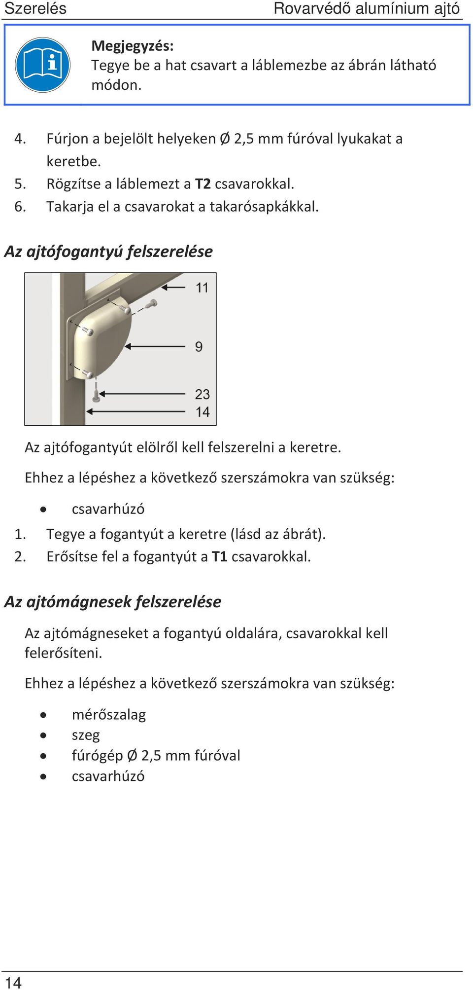 Ehhezalépéshezakövetkezszerszámokravanszükség: csavarhúzó 1. Tegyeafogantyútakeretre(lásdazábrát). 2. ErsítsefelafogantyútaT1csavarokkal.