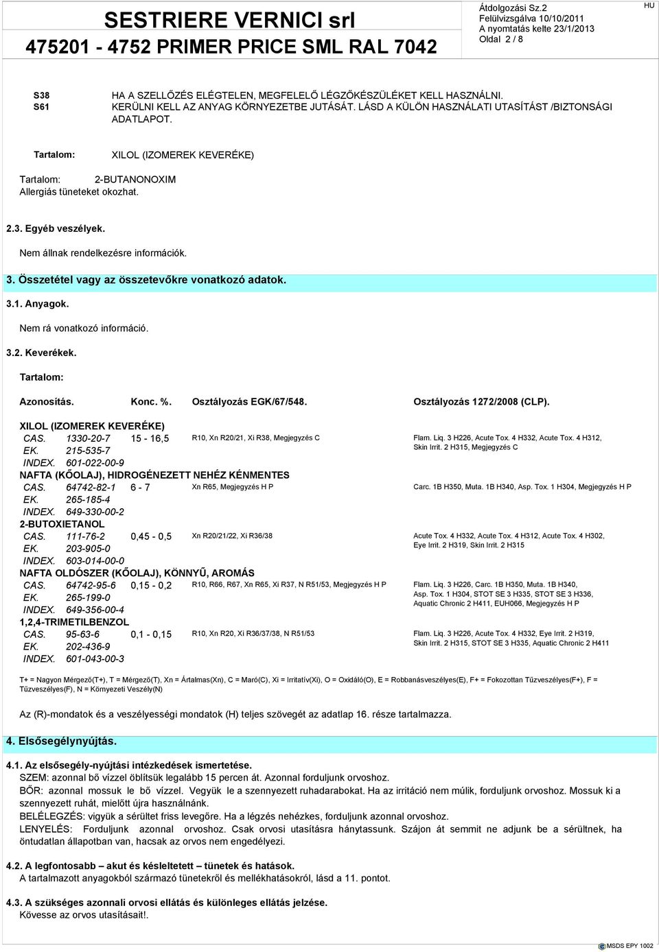 Nem rá vonatkozó információ. 3.2. Keverékek. Tartalom: Azonosítás. Konc. %. Osztályozás EGK/67/548. Osztályozás 1272/2008 (CLP). XILOL (IZOMEREK KEVERÉKE) CAS.