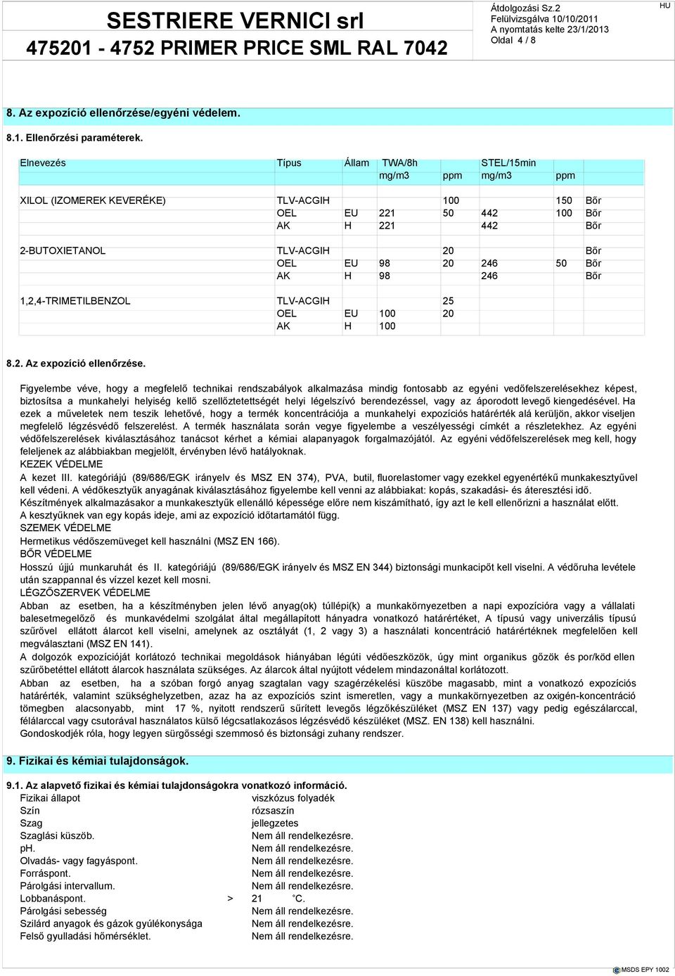 50 Bőr AK H 98 246 Bőr 1,2,4-TRIMETILBENZOL TLV-ACGIH 25 OEL EU 100 20 AK H 100 8.2. Az expozíció ellenőrzése.
