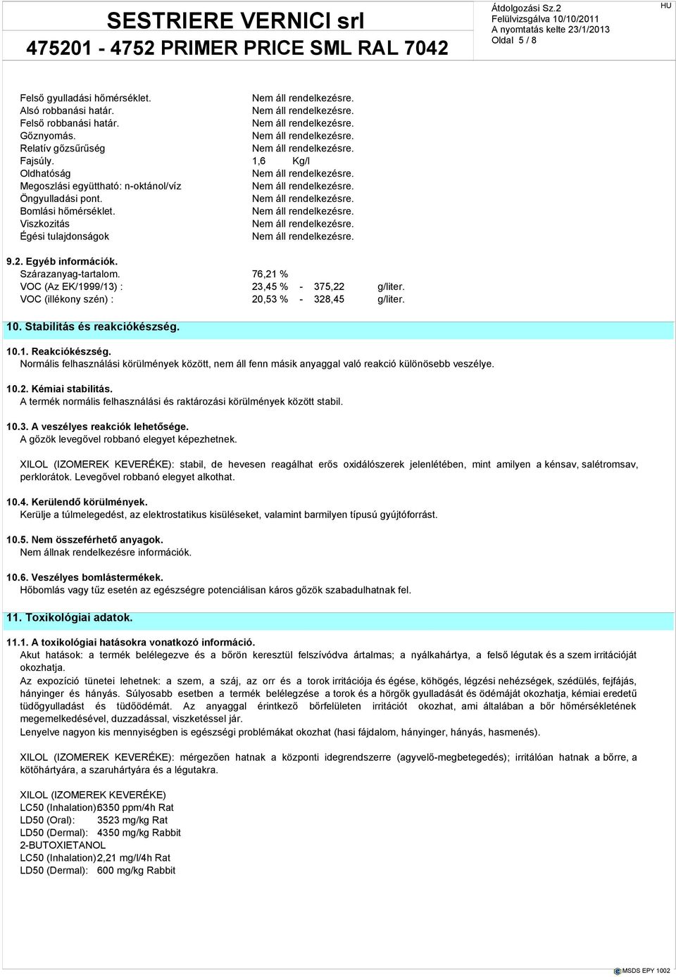76,21 % VOC (Az EK/1999/13) : 23,45 % - 375,22 g/liter. VOC (illékony szén) : 20,53 % - 328,45 g/liter. 10. Stabilitás és reakciókészség. 10.1. Reakciókészség.