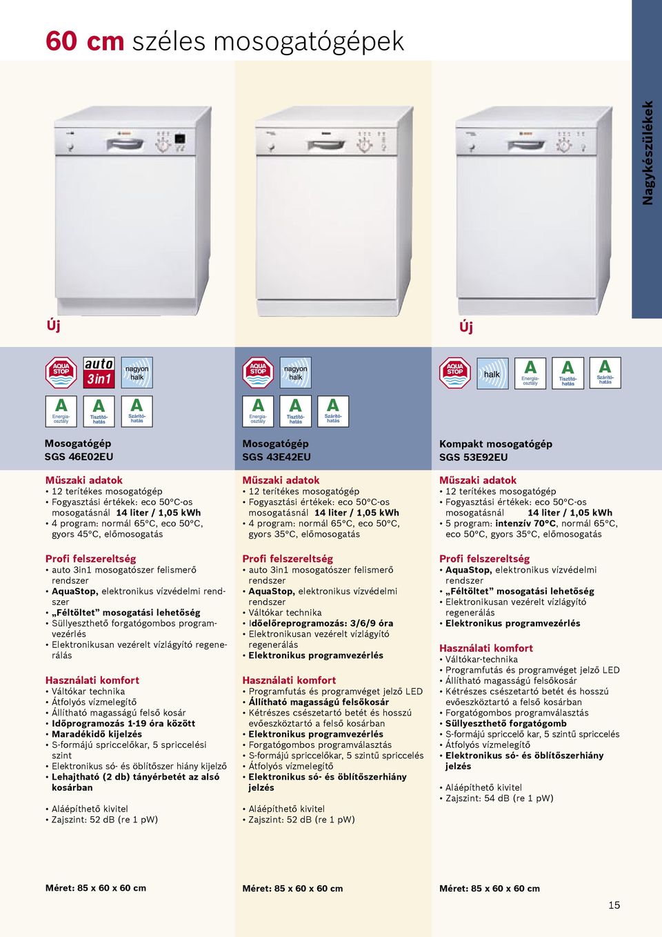 program: normál 65 C, eco 50 C, gyors 45 C, előmosogatás Váltókar technika Átfolyós vízmelegítő Állítható magasságú felső kosár Időprogramozás 1-19 óra között Maradékidő kijelzés S-formájú