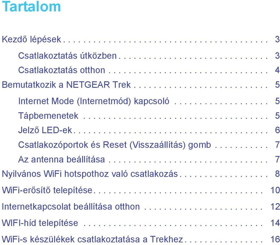 .......... 7 Az antenna beállítása................................ 7 Nyilvános WiFi hotspothoz való csatlakozás.................. 8 WiFi-erősítő telepítése.................................. 10 kapcsolat beállítása otthon.