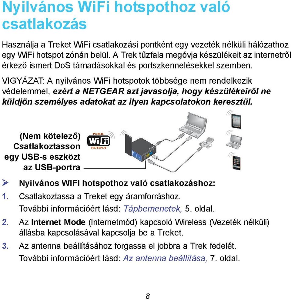 VIGYÁZAT: A nyilvános WiFi hotspotok többsége nem rendelkezik védelemmel, ezért a NETGEAR azt javasolja, hogy készülékeiről ne küldjön személyes adatokat az ilyen kapcsolatokon keresztül.