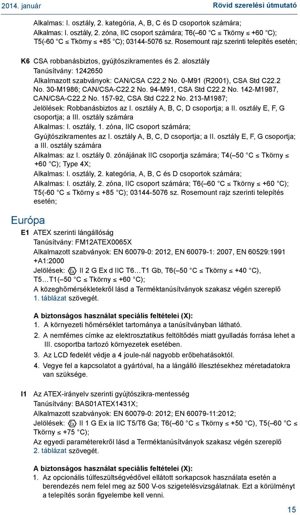 2 No. 94-M91, CSA Std C22.2 No. 142-M1987, CAN/CSA-C22.2 No. 157-92, CSA Std C22.2 No. 213-M1987; Jelölések: Robbanásbiztos az I. osztály A, B, C, D csoportja; a II. osztály E, F, G csoportja; a III.