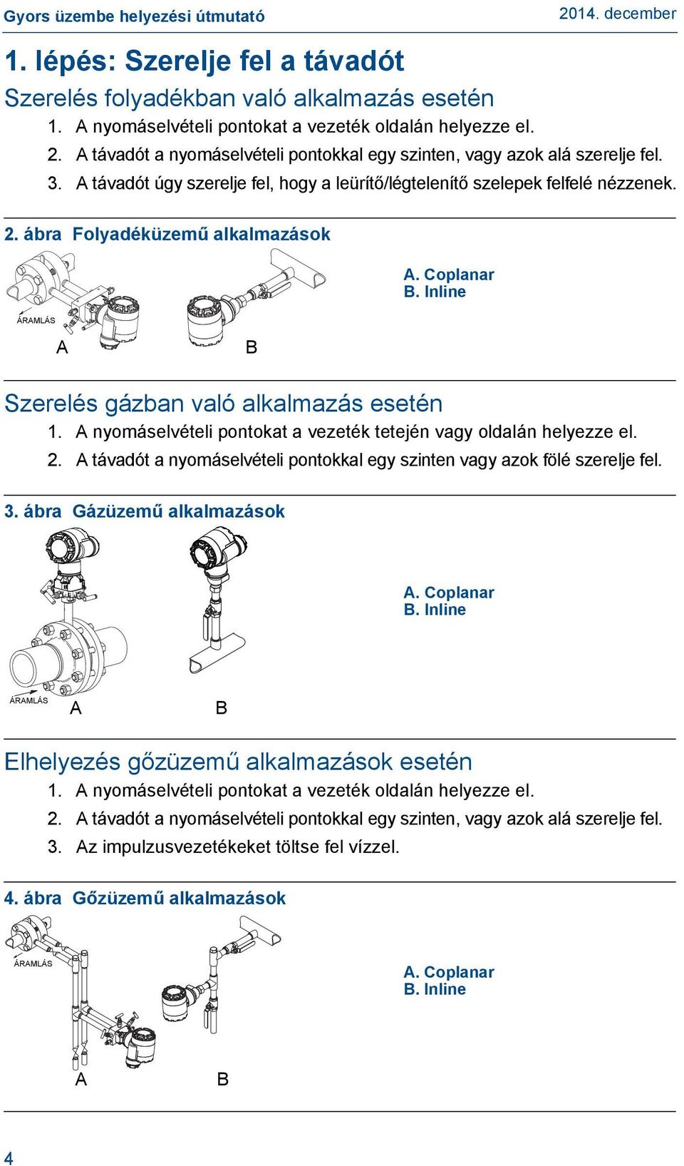 Coplanar B. Inline ÁRAMLÁS A B Szerelés gázban való alkalmazás esetén 1. A nyomáselvételi pontokat a vezeték tetején vagy oldalán helyezze el. 2.