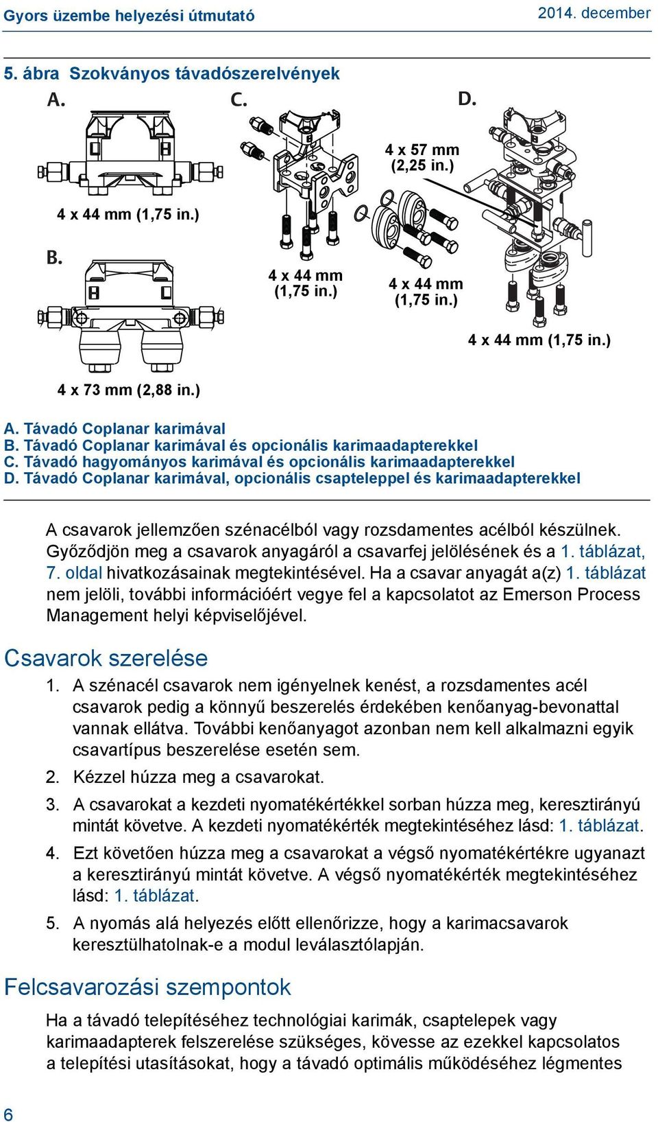 Távadó Coplanar karimával, opcionális csapteleppel és karimaadapterekkel A csavarok jellemzően szénacélból vagy rozsdamentes acélból készülnek.