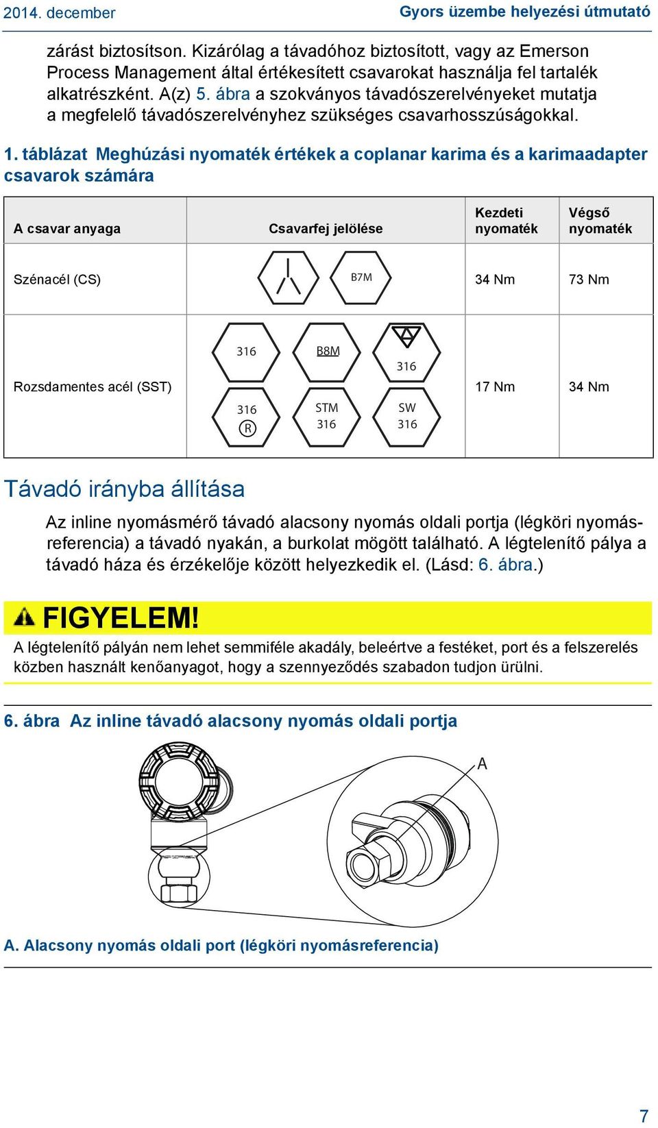 táblázat Meghúzási nyomaték értékek a coplanar karima és a karimaadapter csavarok számára A csavar anyaga Csavarfej jelölése Kezdeti nyomaték Végső nyomaték Szénacél (CS) B7M 34 Nm 73 Nm 316 B8M 316