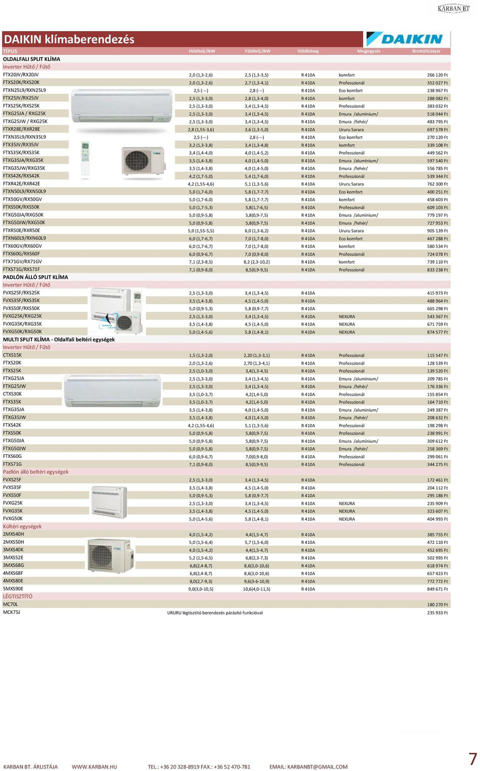 Professzionál 352 027 Ft FTXN25L9/RXN25L9 2,5 (---) 2,8 (---) R 410A Eco komfort 238 967 Ft FTX25JV/RX25JV 2,5 (1,3-3,0) 2,8 (1,3-4,0) R 410A komfort 288 082 Ft FTXS25K/RXS25K 2,5 (1,3-3,0) 3,4