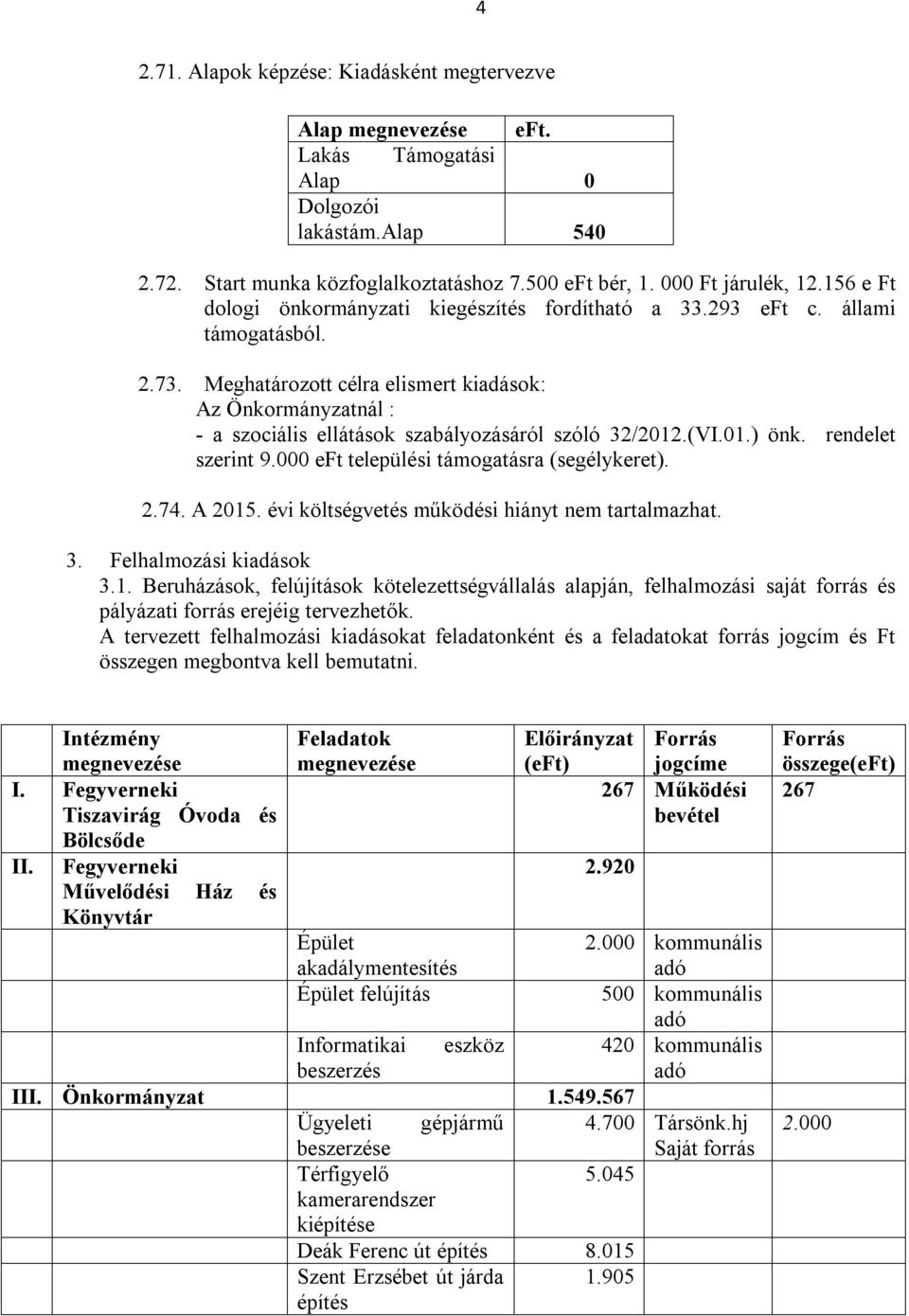 Meghatározott célra elismert kiadások: Az Önkormányzatnál : - a szociális ellátások szabályozásáról szóló 32/2012.(VI.01.) önk. rendelet szerint 9.000 eft települési támogatásra (segélykeret). 2.74.