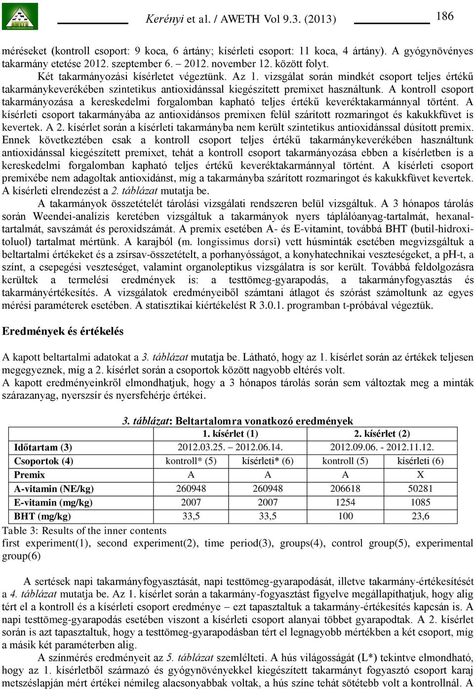 A kontroll csoport takarmányozása a kereskedelmi forgalomban kapható teljes értékű keveréktakarmánnyal történt.