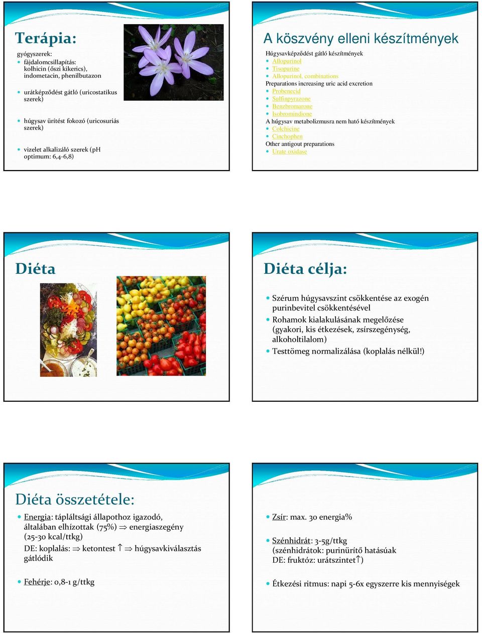 excretion Probenecid Sulfinpyrazone Benzbromarone Isobromindione A húgysav metabolizmusra nem ható készítmények Colchicine Cinchophen Other antigout preparations Urate oxidase Diéta célja: Szérum