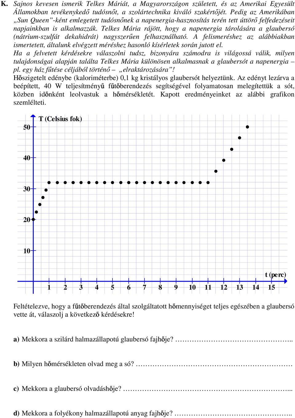 Telkes Mária rájött, ogy a napenergia tárolására a glaubersó (nátrium-szulfát dekaidrát) nagyszerően felasználató.