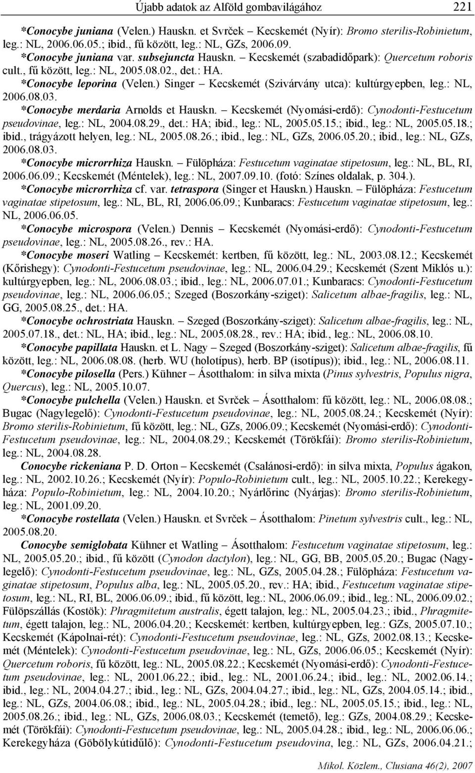 ) Singer Kecskemét (Szivárvány utca): kultúrgyepben, leg.: NL, 2006.08.03. *Conocybe merdaria Arnolds et Hauskn. Kecskemét (Nyomási-erdő): Cynodonti-Festucetum pseudovinae, leg.: NL, 2004.08.29., det.