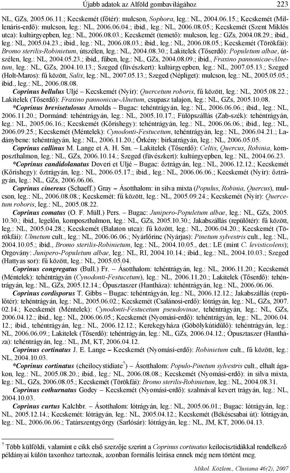 : NL, 2004.08.30.; Lakitelek (Tőserdő): Populetum albae, útszélen, leg.: NL, 2004.05.23.; ibid., fűben, leg.: NL, GZs, 2004.08.09.; ibid., Fraxino pannonicae-alnetum, leg.: NL, GZs, 2004.10.13.