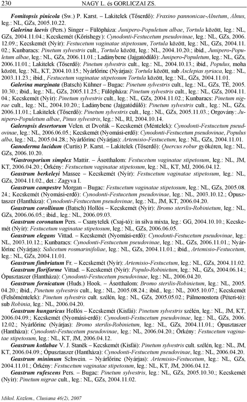 ; Kecskemét (Nyír): Festucetum vaginatae stipetosum, Tortula között, leg.: NL, GZs, 2004.11. 02.; Kunbaracs: Pinetum sylvestris cult., Tortula között, leg.: NL, 2004.10.20.; ibid.