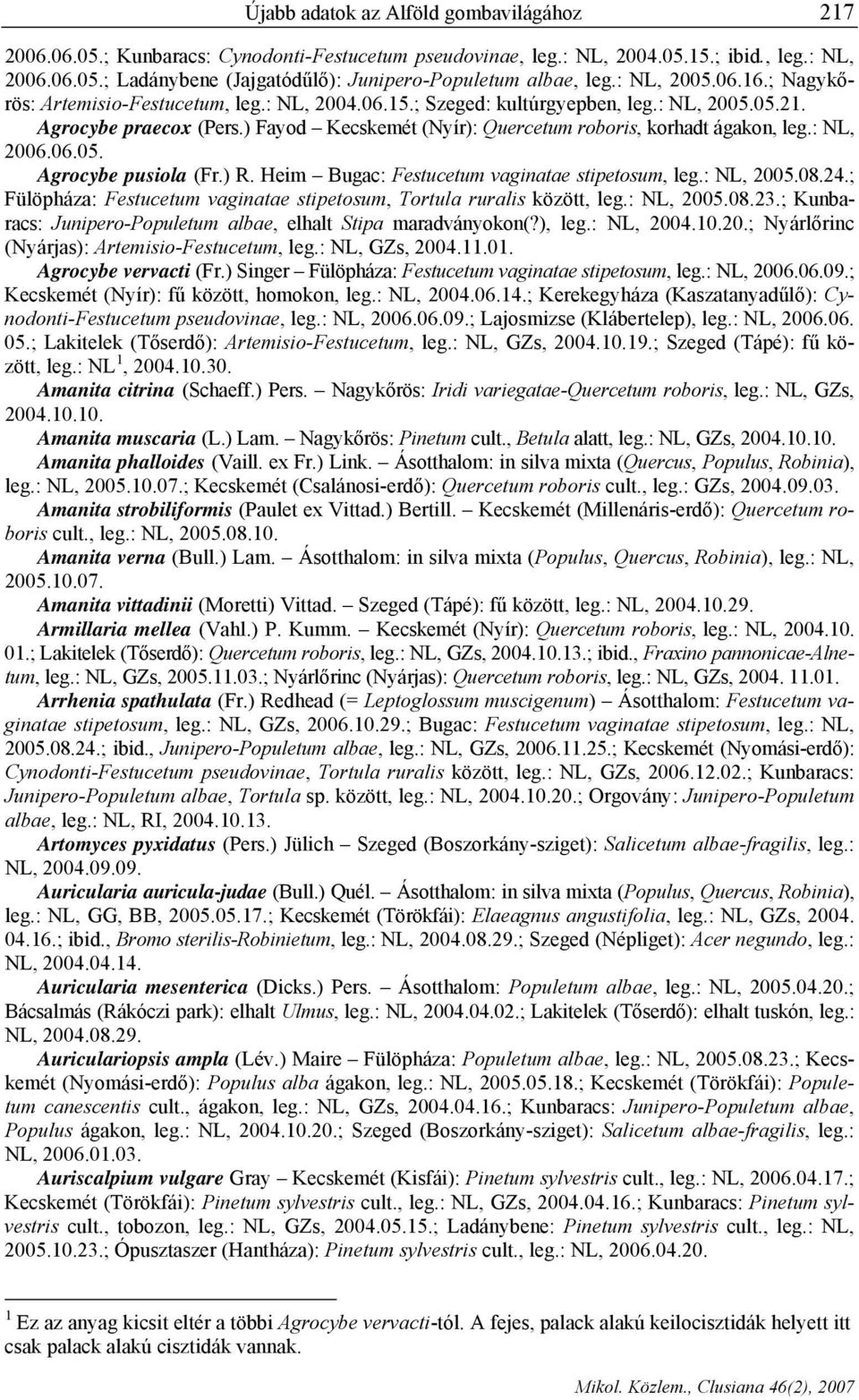 ) Fayod Kecskemét (Nyír): Quercetum roboris, korhadt ágakon, leg.: NL, 2006.06.05. Agrocybe pusiola (Fr.) R. Heim Bugac: Festucetum vaginatae stipetosum, leg.: NL, 2005.08.24.