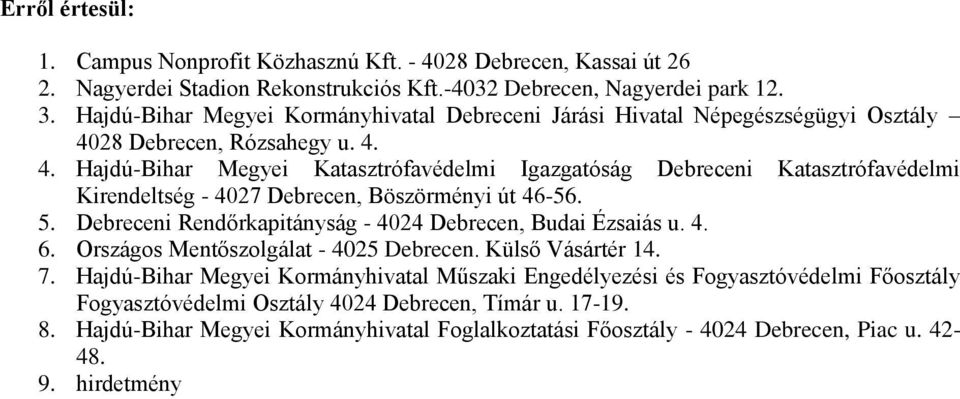 28 Debrecen, Rózsahegy u. 4. 4. Hajdú-Bihar Megyei Katasztrófavédelmi Igazgatóság Debreceni Katasztrófavédelmi Kirendeltség - 4027 Debrecen, Böszörményi út 46-56. 5.