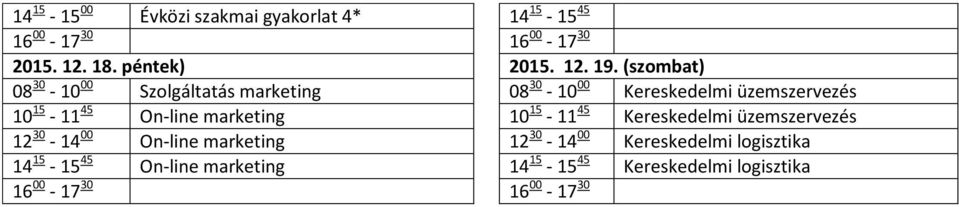 45 On-line marketing 10 15-11 45 Kereskedelmi üzemszervezés 12 30-14 00 On-line marketing 12