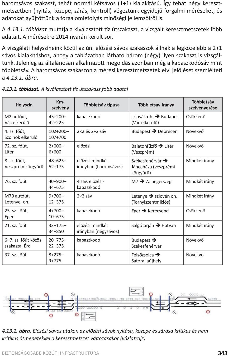 .1. táblázat mutatja a kiválasztott tíz útszakaszt, a vizsgált keresztmetszetek főbb adatait. A mérésekre 2014 nyarán került sor. A vizsgálati helyszíneink közül az ún.