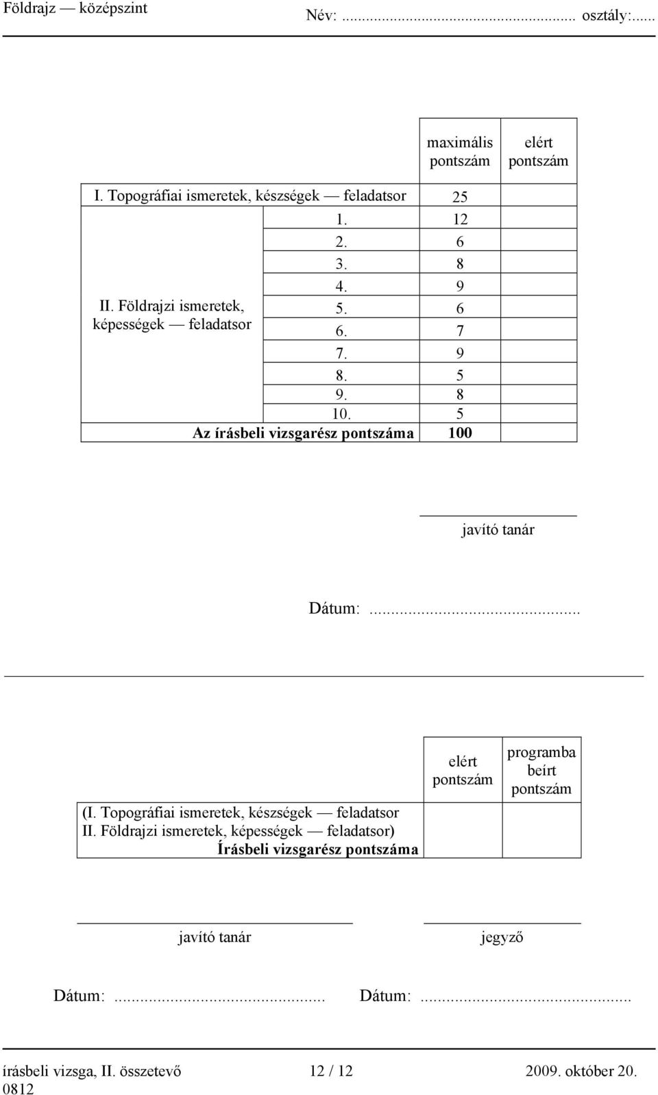 5 Az írásbeli vizsgarész pontszáma 100 javító tanár Dátum:... (I. Topográfiai ismeretek, készségek feladatsor II.