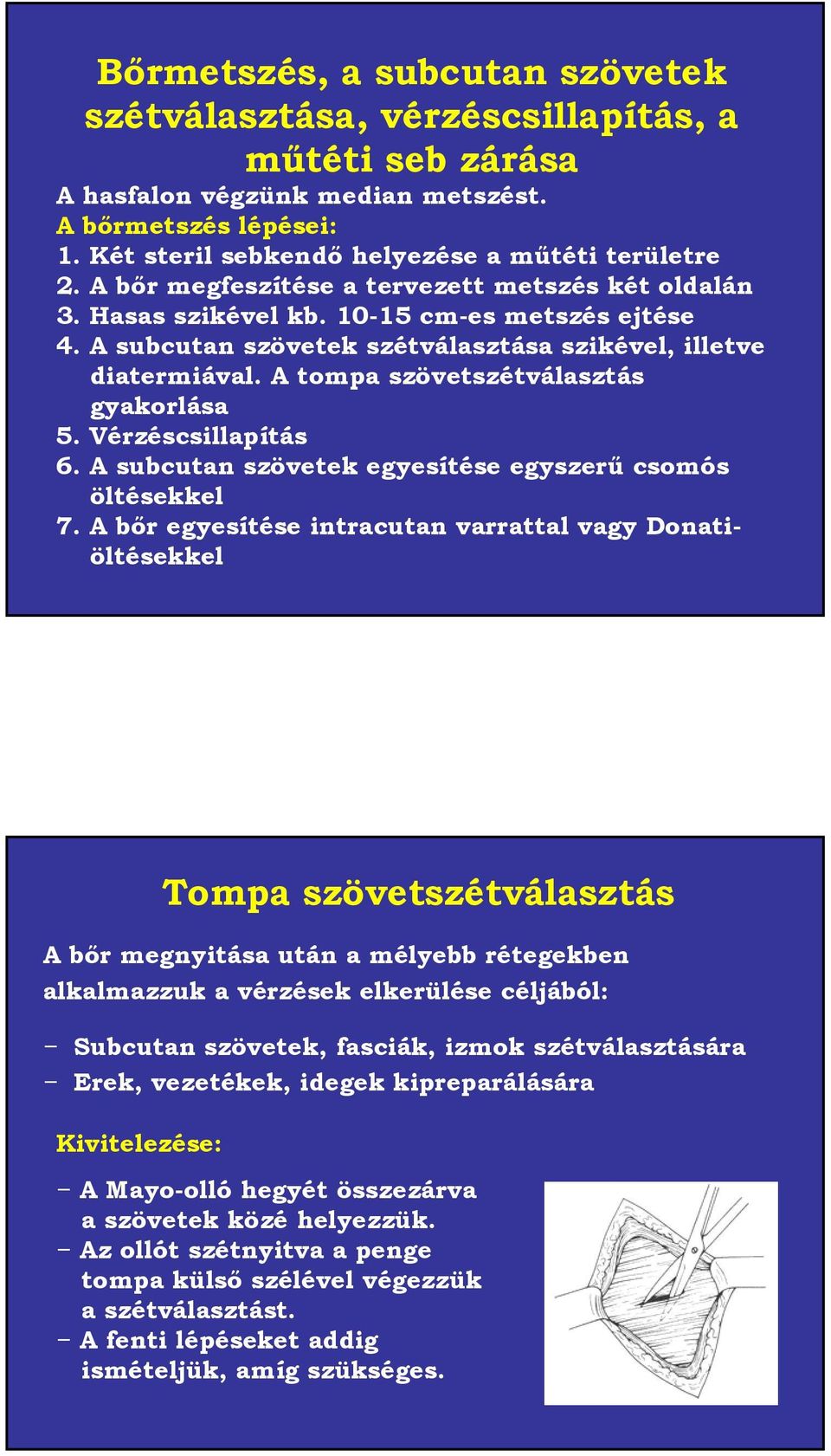 A tompa szövetszétválasztás gyakorlása 5. Vérzéscsillapítás 6. A subcutan szövetek egyesítése egyszerű csomós öltésekkel 7.