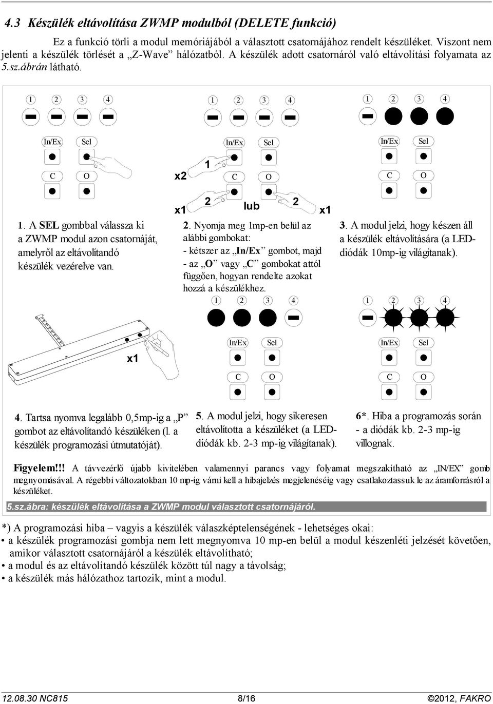 A SEL gombbal válassza ki a ZWMP modul azon csatornáját, amelyről az eltávolítandó készülék vezérelve van. x lub x.