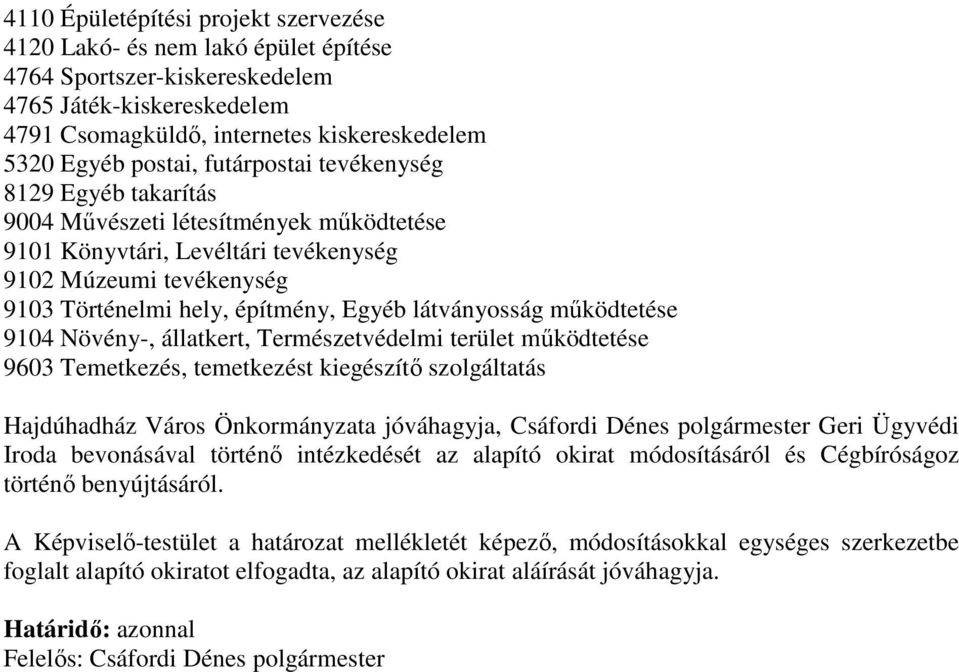 működtetése 9104 Növény-, állatkert, Természetvédelmi terület működtetése 9603 Temetkezés, temetkezést kiegészítő szolgáltatás Hajdúhadház Város Önkormányzata jóváhagyja, Csáfordi Dénes polgármester