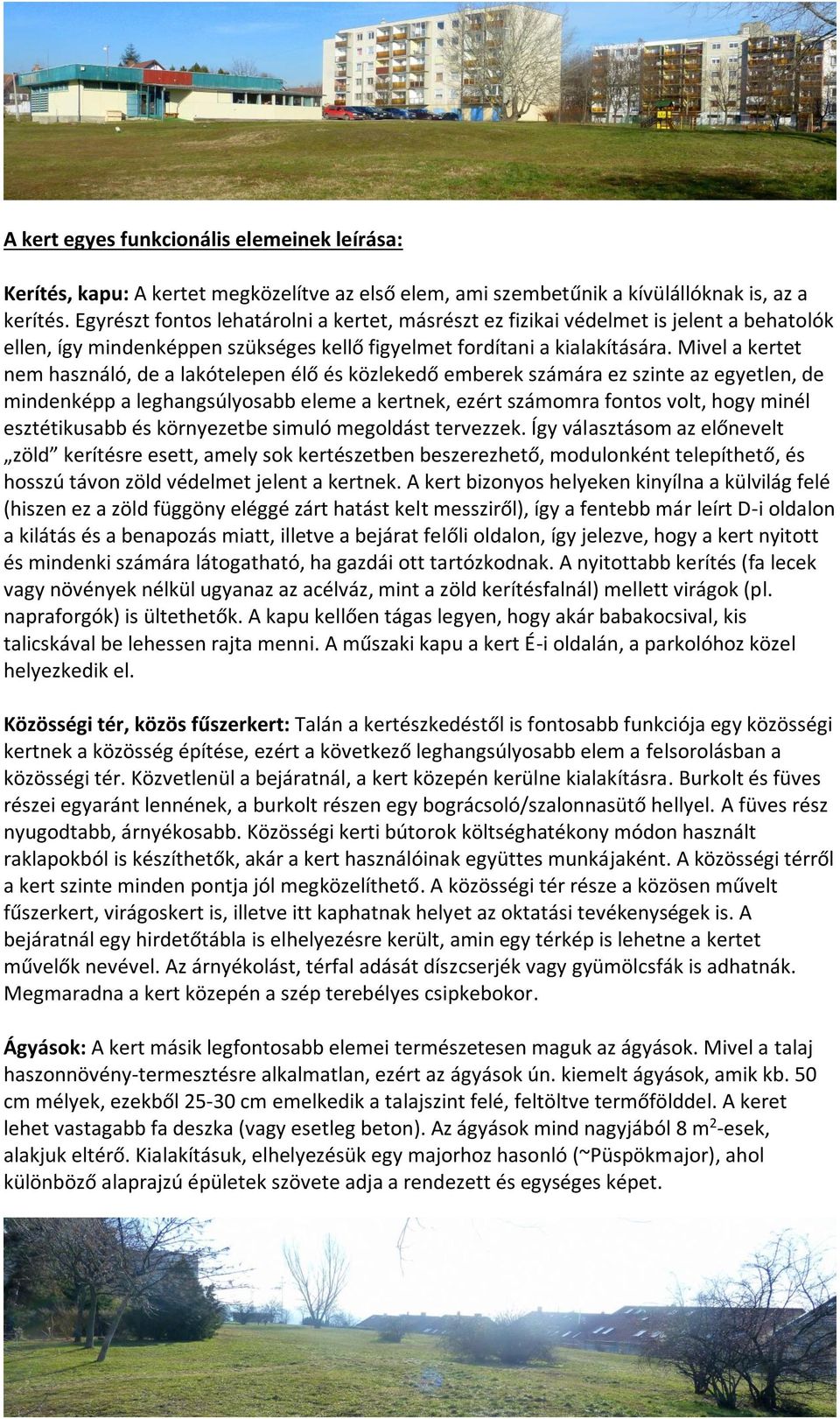 Mivel a kertet nem használó, de a lakótelepen élő és közlekedő emberek számára ez szinte az egyetlen, de mindenképp a leghangsúlyosabb eleme a kertnek, ezért számomra fontos volt, hogy minél