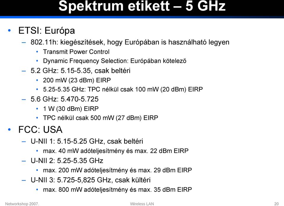 35, csak beltéri 200 mw (23 dbm) EIRP 5.25-5.35 GHz: TPC nélkül csak 100 mw (20 dbm) EIRP 5.6 GHz: 5.470-5.