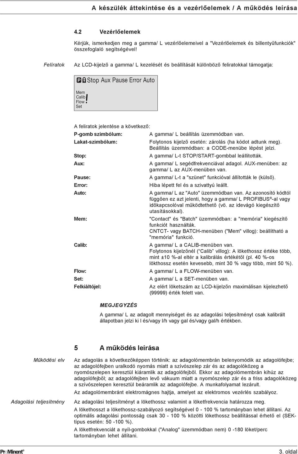 beállítás üzemmódban van. Lakat-szimbólum: Folytonos kijelző esetén: zárolás (ha kódot adtunk meg). Beállítás üzemmódban: a CODE-menübe lépést jelzi. Stop: A gamma/ L-t STO/START-gombbal leállították.