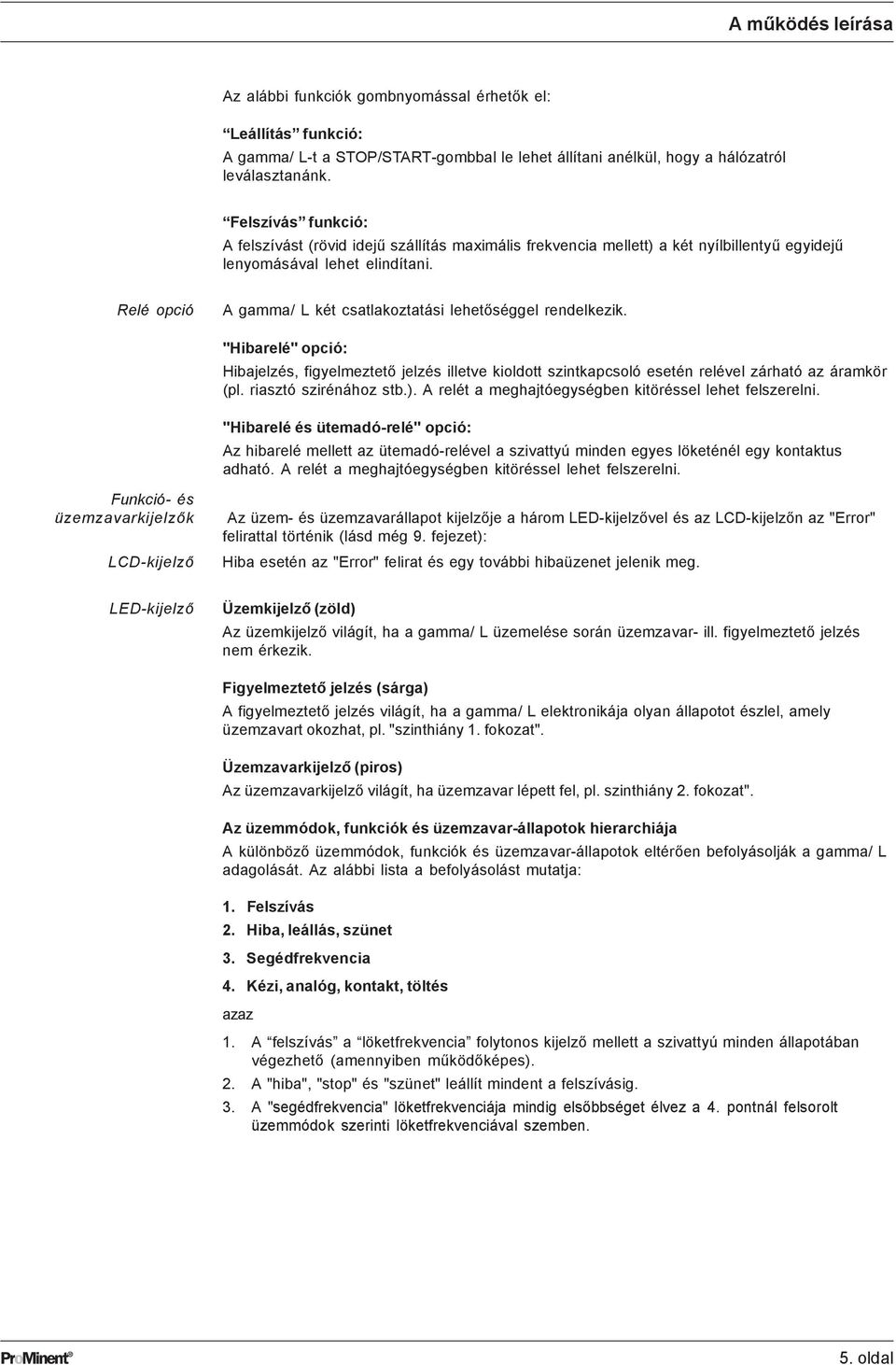 Relé opció A gamma/ L két csatlakoztatási lehetőséggel rendelkezik. "Hibarelé" opció: Hibajelzés, figyelmeztető jelzés illetve kioldott szintkapcsoló esetén relével zárható az áramkör (pl.