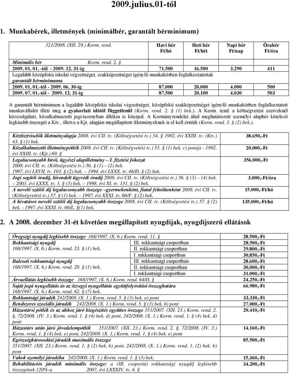 30-ig 87.000 20.000 4.000 500 2009. 07. 01.-től - 2009. 12. 31-ig 87.500 20.100 4.