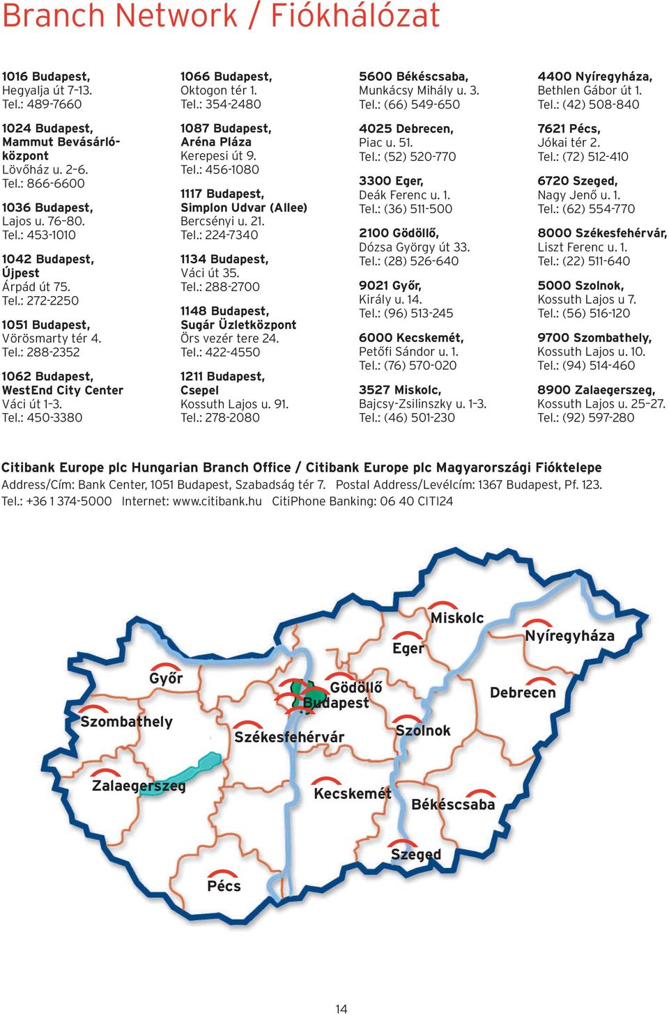 : (72) 512-410 Lövõház u. 2 6. Tel.: 456-1080 Tel.: 866-6600 3300 Eger, 6720 Szeged, 1117 Budapest, Deák Ferenc u. 1. Nagy Jenõ u. 1. 1036 Budapest, Simplon Udvar (Allee) Tel.: (36) 511-500 Tel.