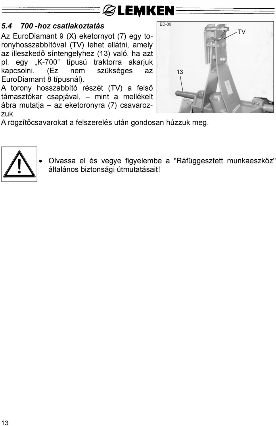 A torony hosszabbító részét (TV) a felső támasztókar csapjával, mint a mellékelt ábra mutatja az eketoronyra (7) csavarozzuk.