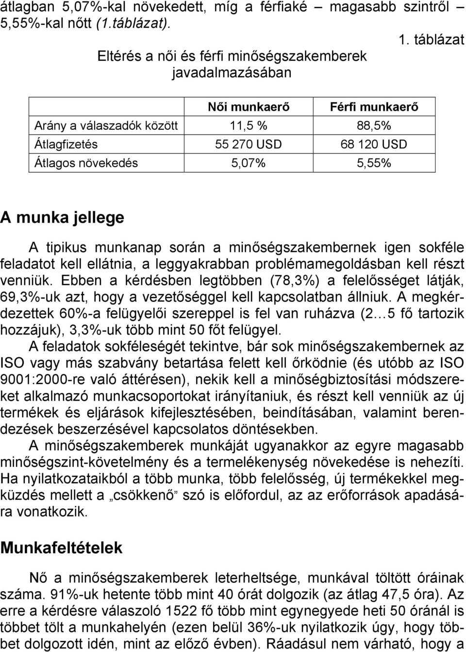 5,55% A munka jellege A tipikus munkanap során a minőségszakembernek igen sokféle feladatot kell ellátnia, a leggyakrabban problémamegoldásban kell részt venniük.