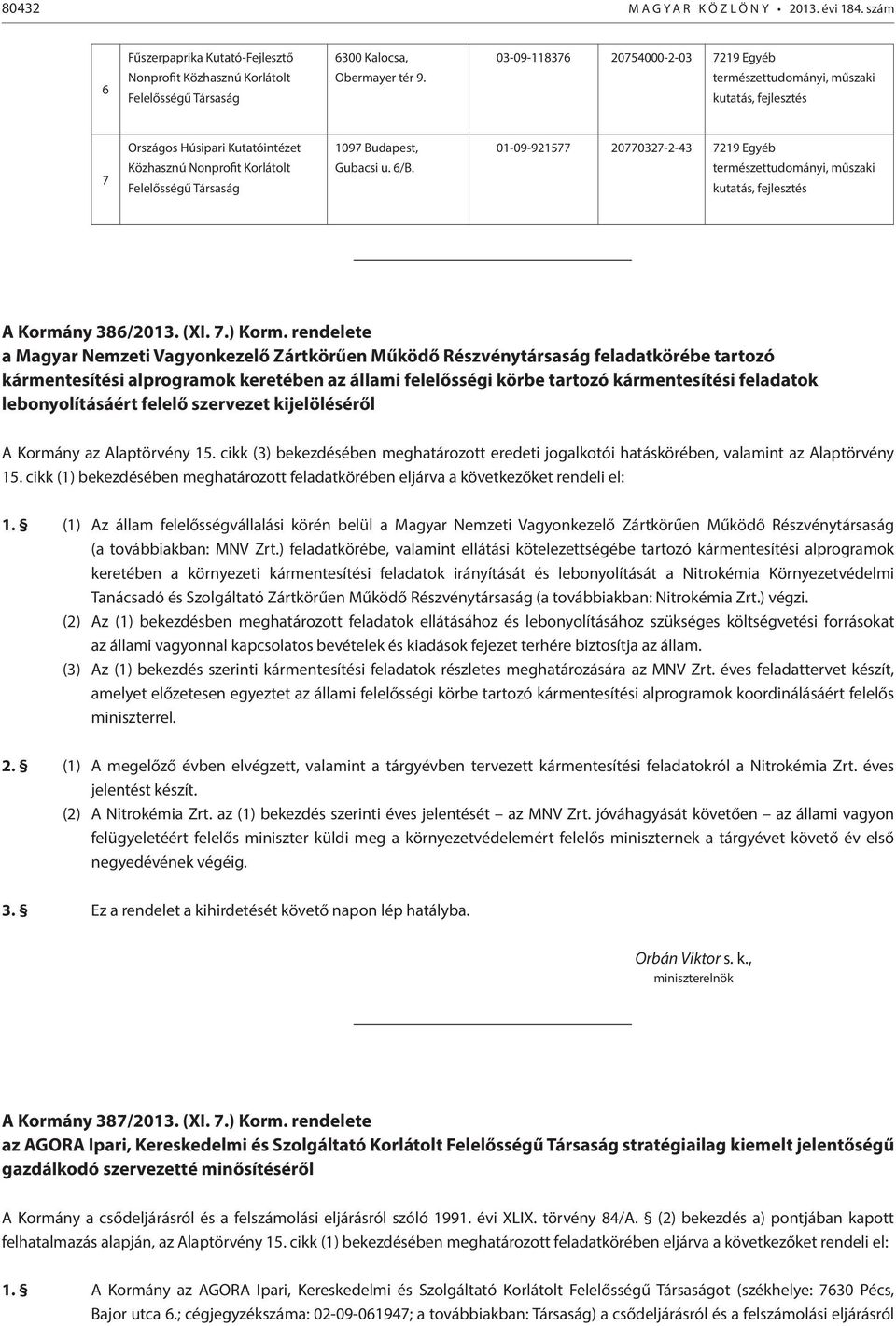 6/B. 01-09-921577 20770327-2-43 7219 Egyéb természettudományi, műszaki kutatás, fejlesztés A Kormány 386/2013. (XI. 7.) Korm.