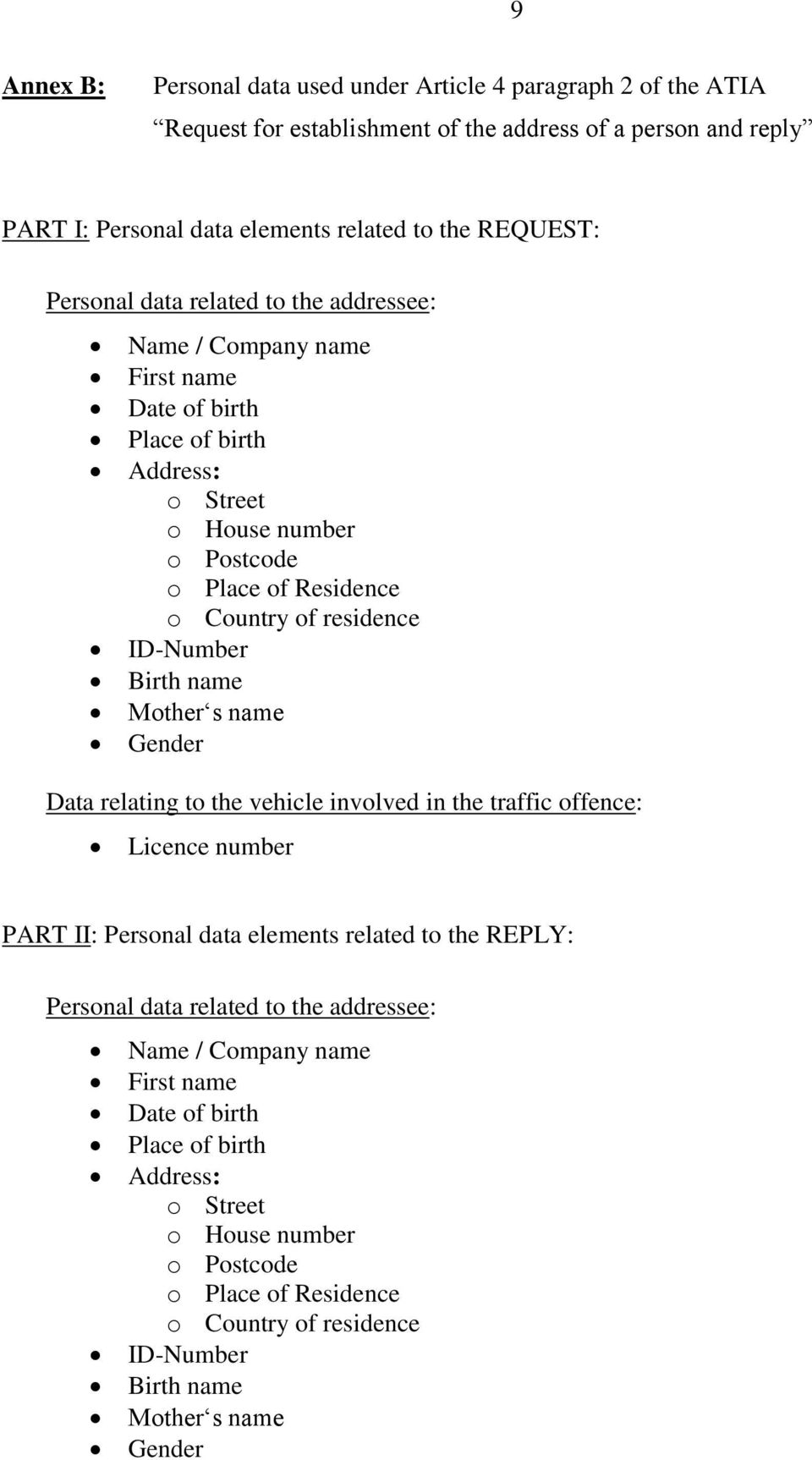 ID-Number Birth name Mother s name Gender Data relating to the vehicle involved in the traffic offence: Licence number PART II: Personal data elements related to the REPLY:  ID-Number Birth name