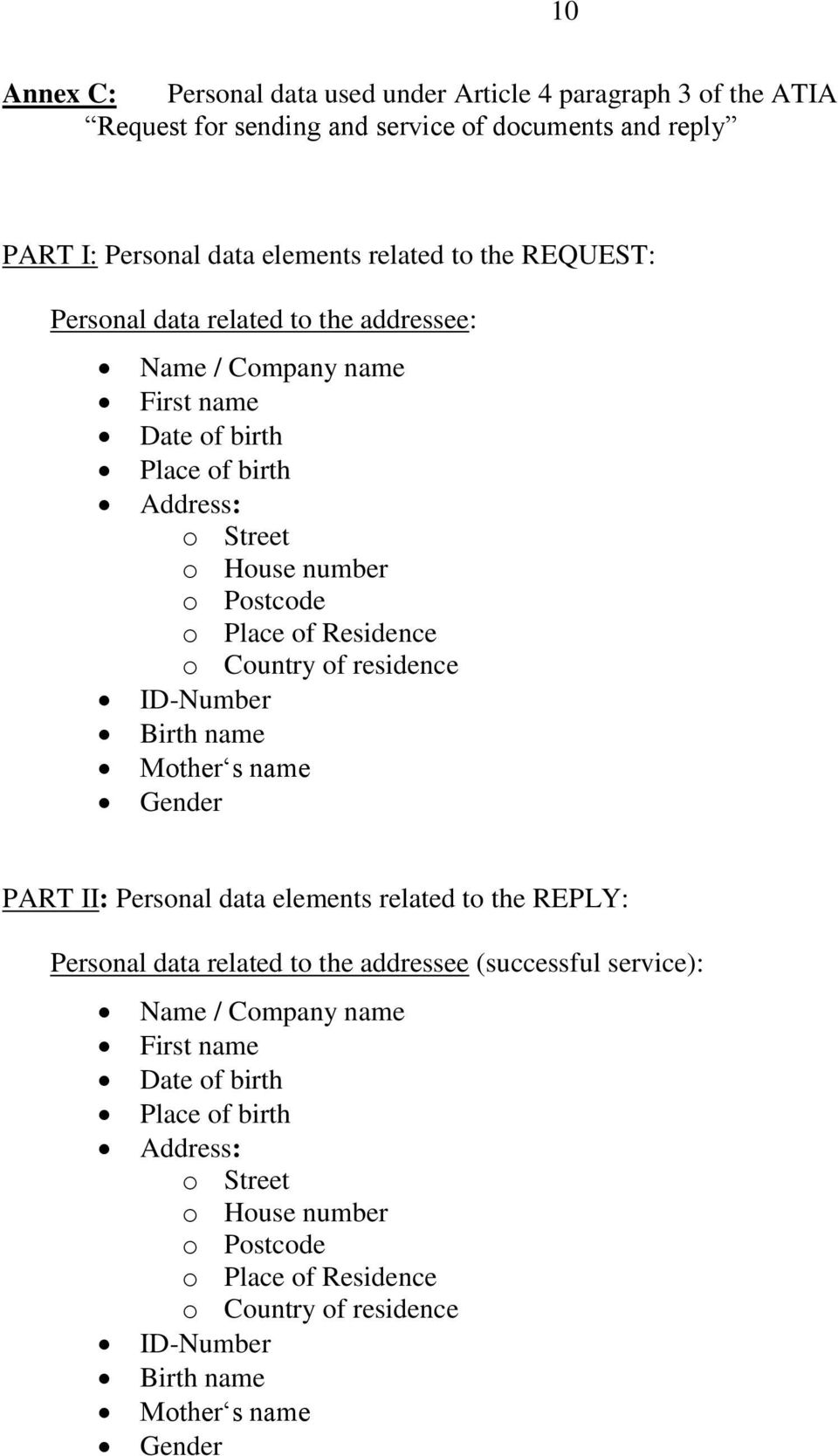 Country of residence ID-Number Birth name Mother s name Gender PART II: Personal data elements related to the REPLY: Personal data related to the addressee (successful service):