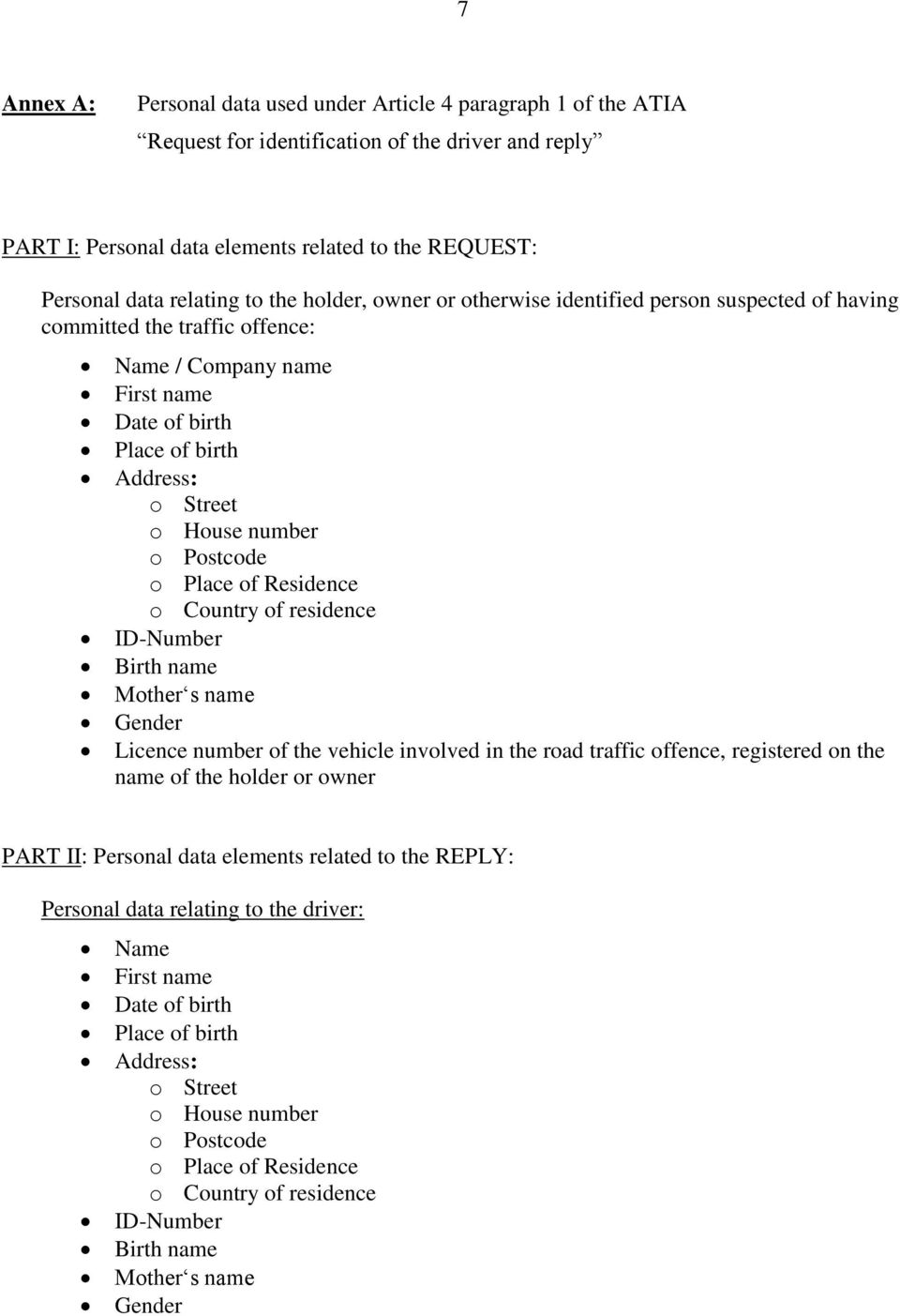 Postcode o Place of Residence o Country of residence ID-Number Birth name Mother s name Gender Licence number of the vehicle involved in the road traffic offence, registered on the name of the holder