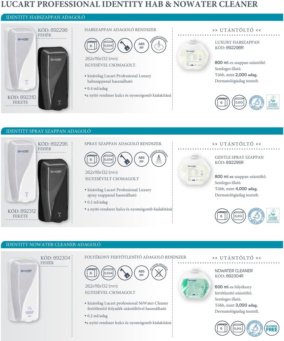 4 ml/adag a nyitó rendszer kulcs és nyomógomb kialakítású 800 ml-es szappan utántöltő Semleges illatú. Több, mint 2,000 adag. Dermatológiailag tesztelt.