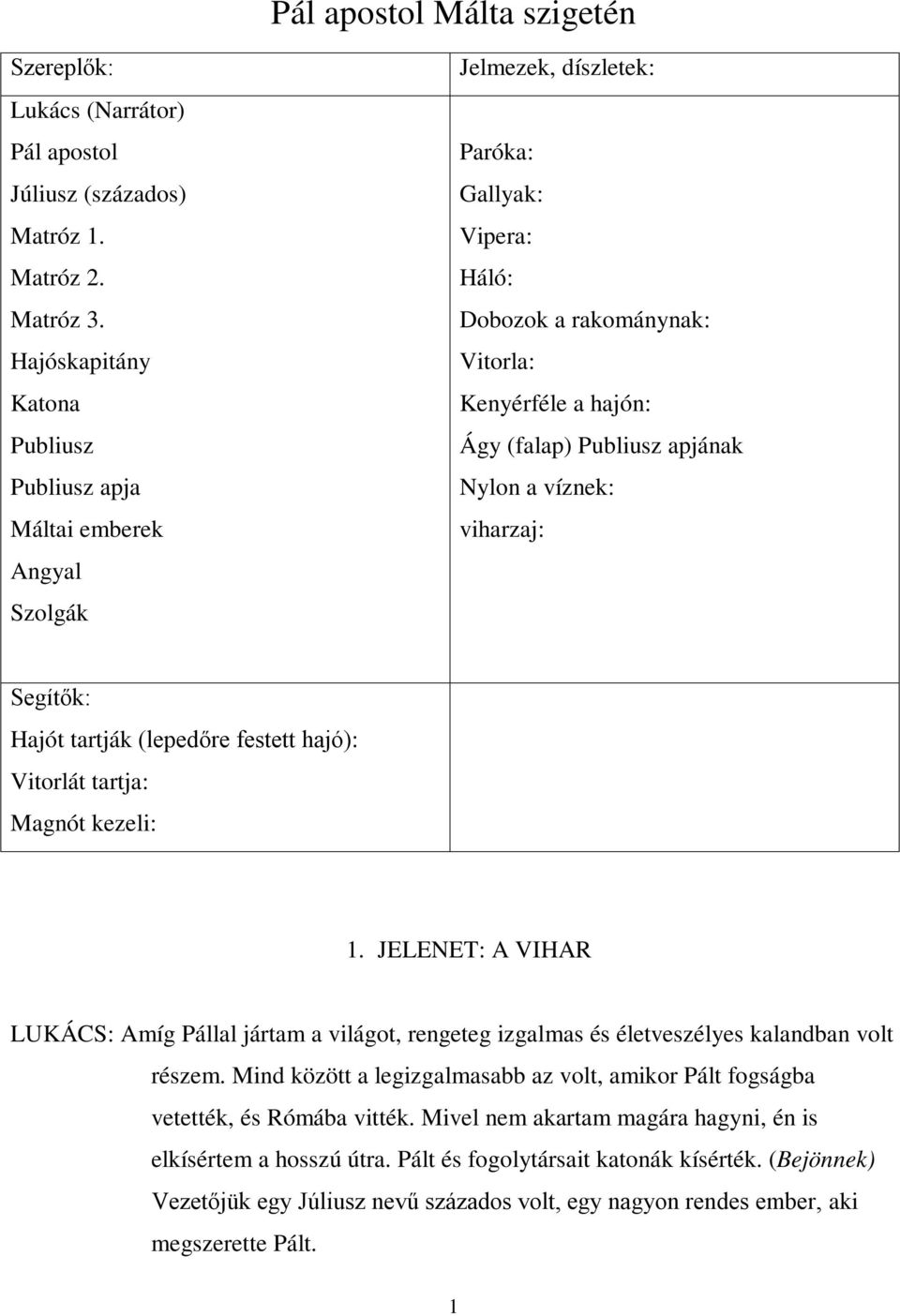 apjának Nylon a víznek: viharzaj: Segítők: Hajót tartják (lepedőre festett hajó): Vitorlát tartja: Magnót kezeli: 1.