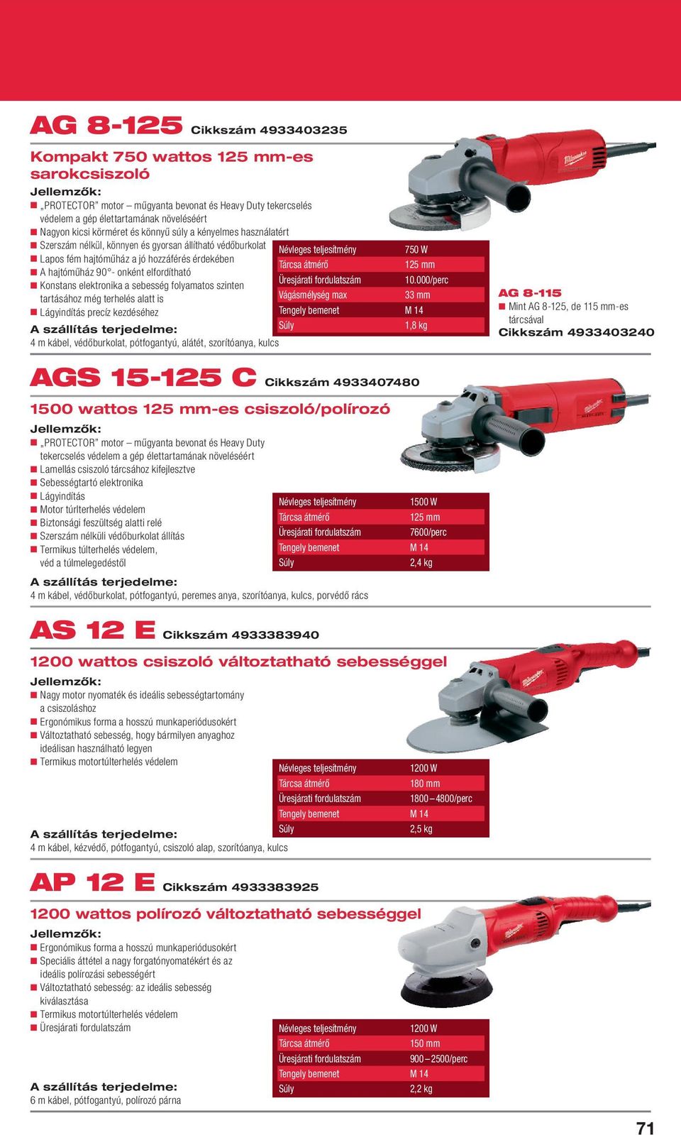 terhelés alatt is precíz kezdéséhez 4 m kábel, védőburkolat, pótfogantyú, alátét, szorítóanya, kulcs 750 W 10.
