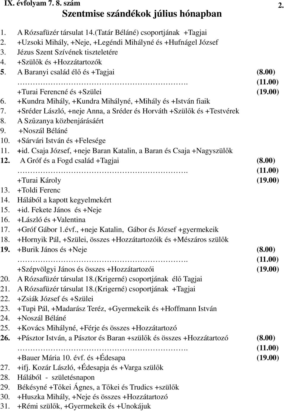 +Kundra Mihály, +Kundra Mihályné, +Mihály és +István fiaik 7. +Sréder László, +neje Anna, a Sréder és Horváth +Szülık és +Testvérek 8. A Szőzanya közbenjárásáért 9. +Noszál Béláné 10.