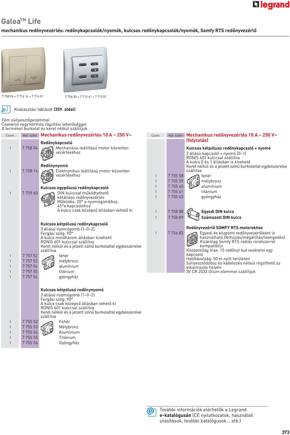 szám Mechanikus redőnyvezérlés A 250 V~ Redőnykapcsoló 1 7 758 04 Mechanikus leállítású motor közvetlen vezérléséhez Redőnynyomó 1 7 758 14 Elektronikus leállítású motor közvetlen vezérléséhez