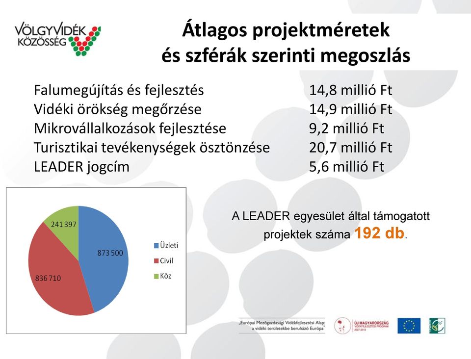 tevékenységek ösztönzése LEADER jogcím 14,8 millió Ft 14,9 millió Ft 9,2 millió