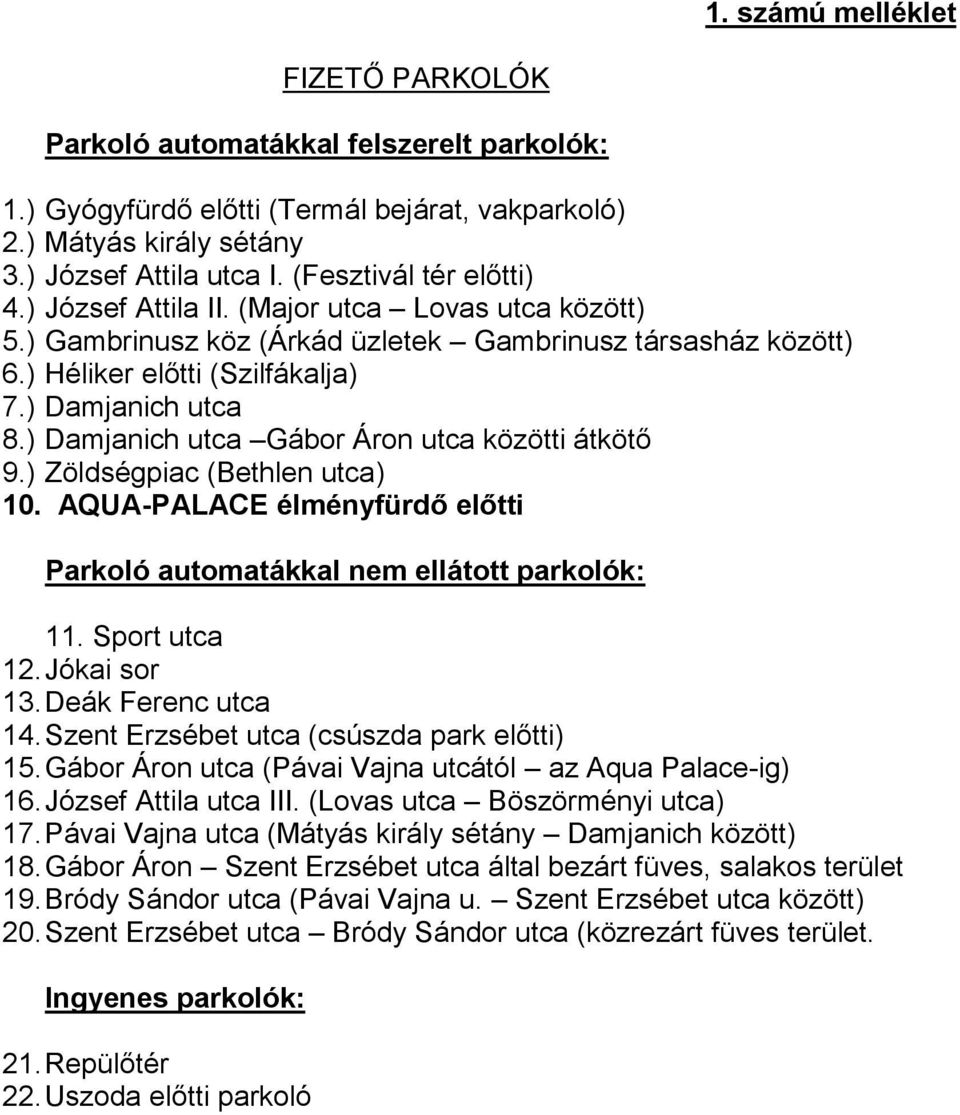 ) Damjanich utca Gábor Áron utca közötti átkötő 9.) Zöldségpiac (Bethlen utca) 10. AQUA-PALACE élményfürdő előtti Parkoló automatákkal nem ellátott parkolók: 11. Sport utca 12. Jókai sor 13.