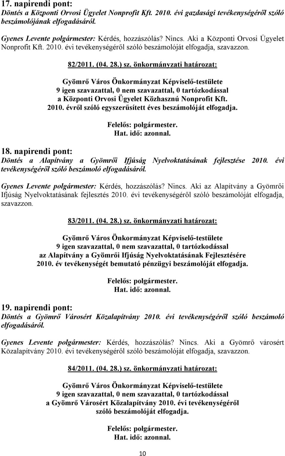 napirendi pont: Döntés a Alapítvány a Gyömrői Ifjúság Nyelvoktatásának fejlesztése 2010. évi tevékenységéről szóló beszámoló elfogadásáról. Nincs.